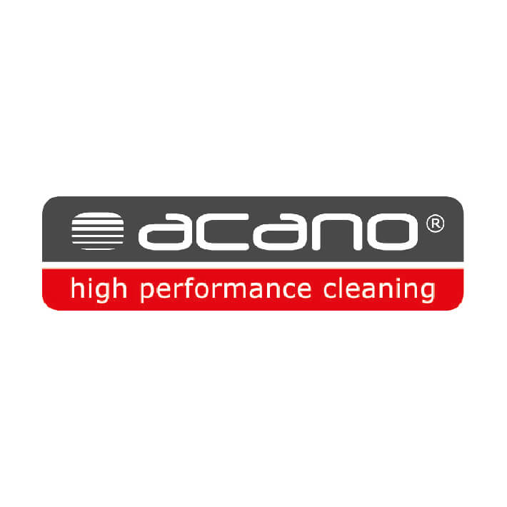 Logo von Acano mit Schriftzug: High Performance Cleaning auf grauem und rotem Hintergrund.