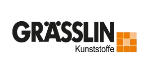 Logo von Grässlin Kunststoffe mit einem stilisierten orangefarbenen Quadratmotiv.