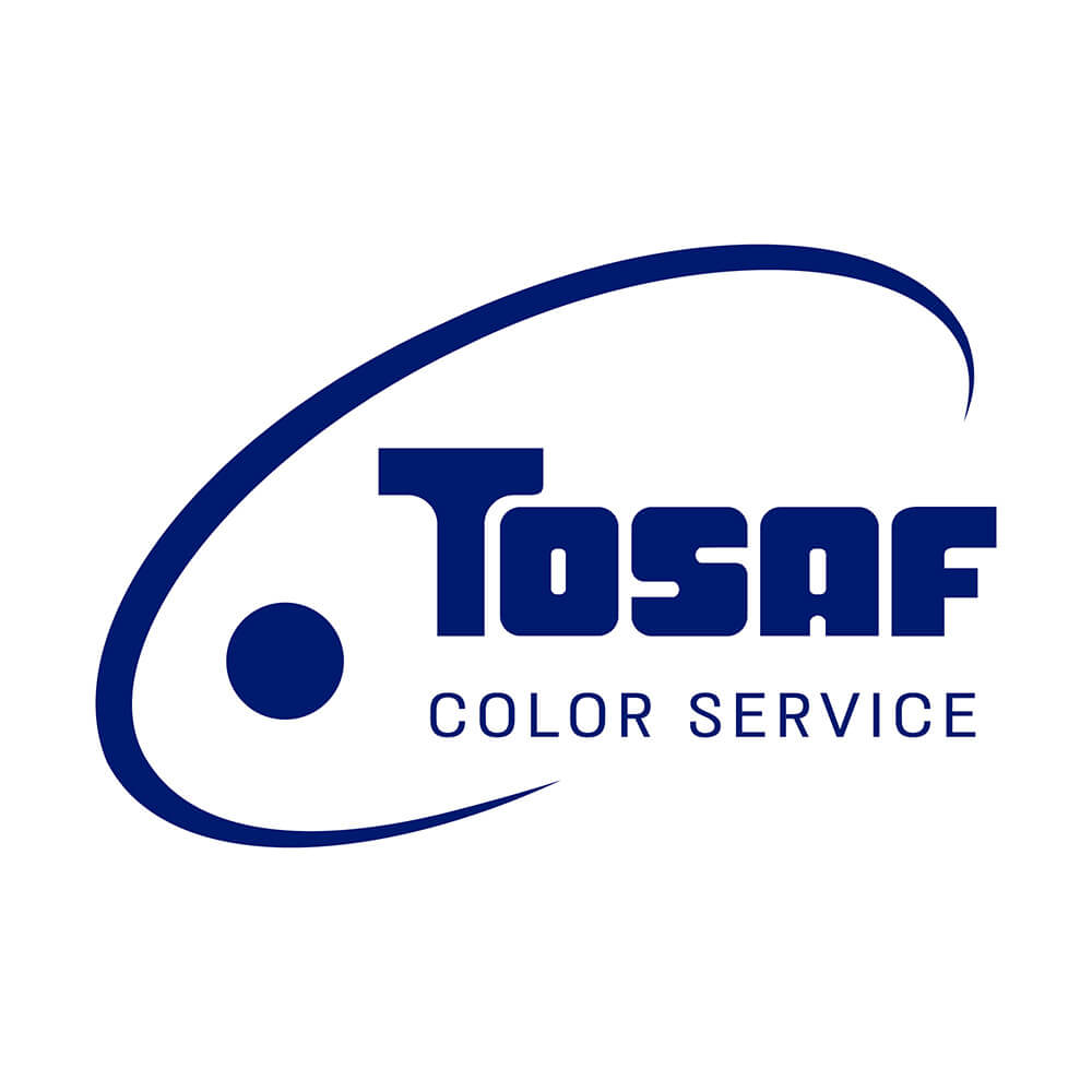 TOSAF Color Service Logo, blaues Design mit elegantem Schwung und kräftiger Schrift auf weißem Hintergrund.